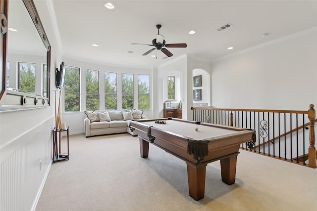 game room with crown molding, recessed lighting, a ceiling fan, and visible vents