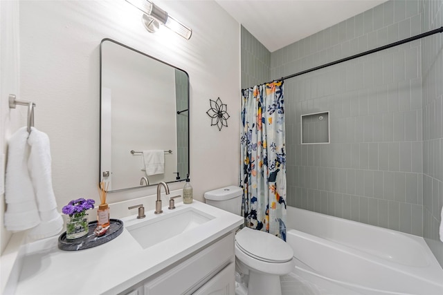 bathroom featuring toilet, vanity, and shower / bathtub combination with curtain
