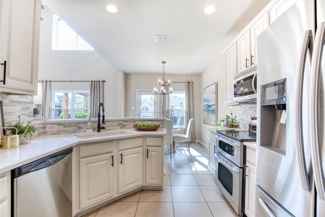 8741 Bigelow Dr, Plano, TX 75024 - kitchen with appliances with stainless steel finishes, a sink, a chandelier, a peninsula, and decorative backsplash