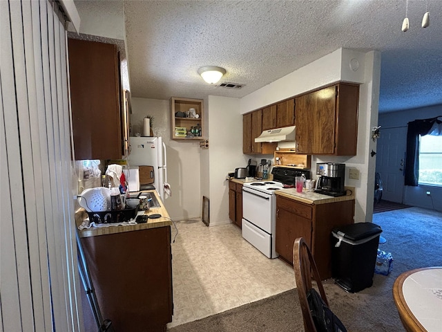 612 Ridgeline Dr, Hurst, TX 76053 - kitchen featuring white appliances, under cabinet range hood, light countertops, a textured ceiling, and light colored carpet