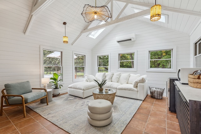 sunroom with a skylight and an AC wall unit