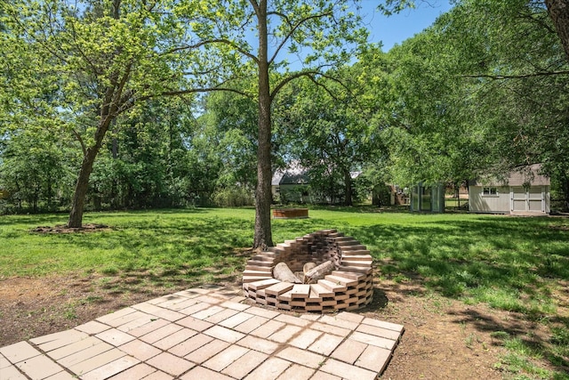 view of yard featuring a patio area, an outbuilding, and a shed