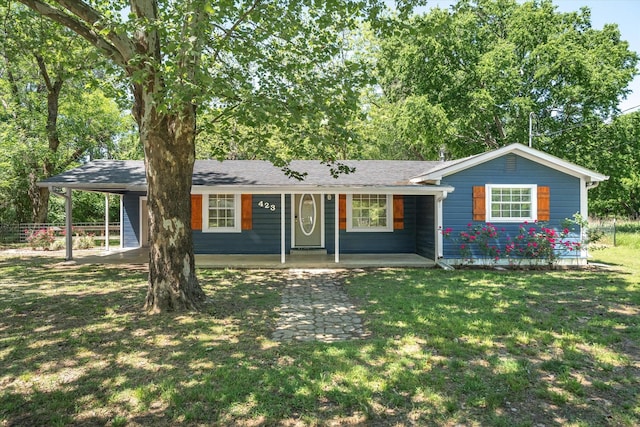 ranch-style home with a porch, a front lawn, and fence
