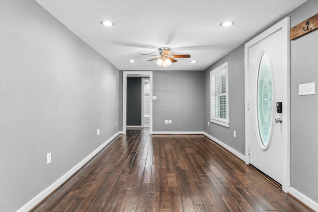 entrance foyer featuring baseboards, wood finished floors, recessed lighting, and ceiling fan