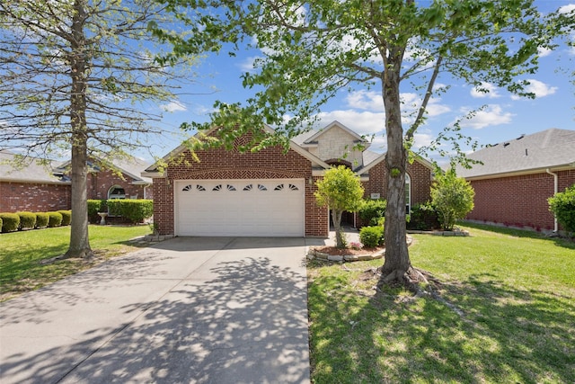 view of front of house featuring an attached garage, brick siding, a front yard, and concrete driveway