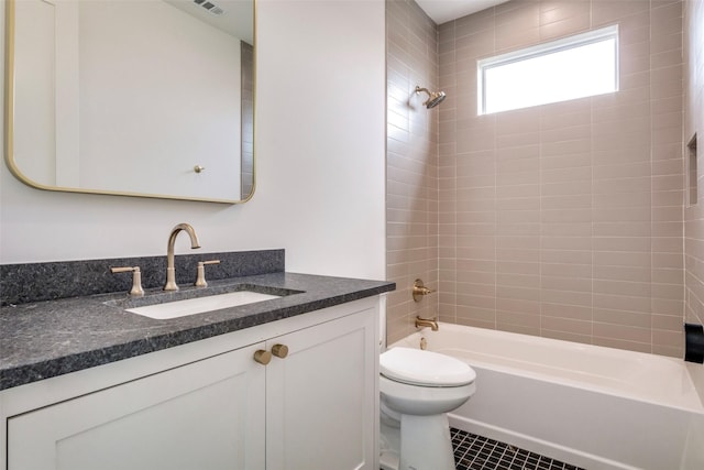 2016 Meadowlark, Aledo, TX 76008 - bathroom featuring vanity, bathtub / shower combination, toilet, tile patterned flooring, and visible vents