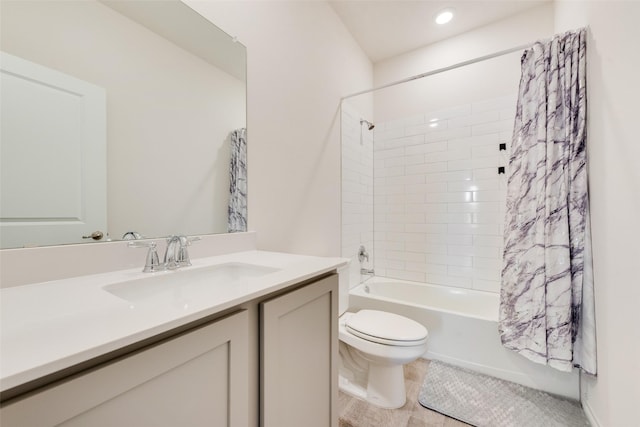 bathroom with recessed lighting, shower / bath combo with shower curtain, toilet, and vanity