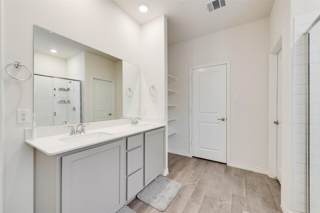 bathroom featuring visible vents, a sink, a shower stall, and double vanity