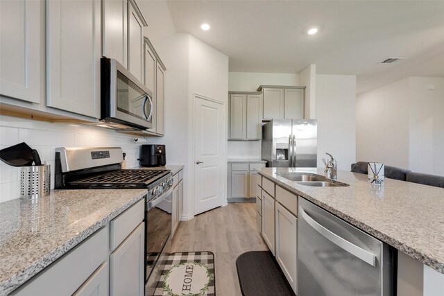 kitchen with stainless steel appliances, a sink, visible vents, backsplash, and gray cabinets