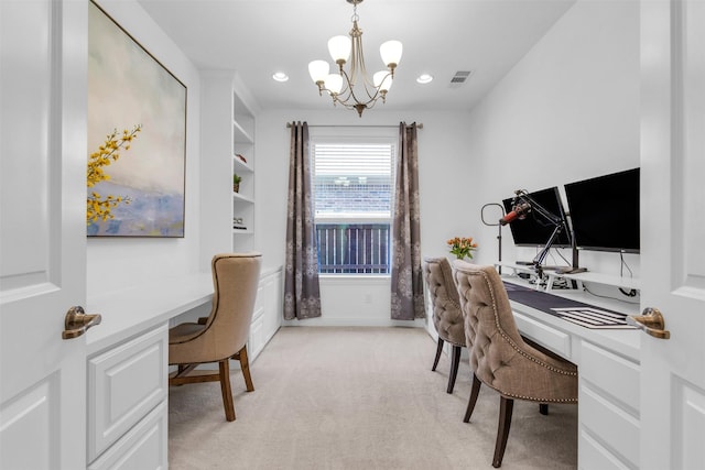 office space featuring built in desk, recessed lighting, an inviting chandelier, visible vents, and light carpet