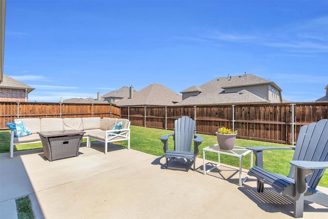 view of patio / terrace with a fenced backyard and an outdoor living space