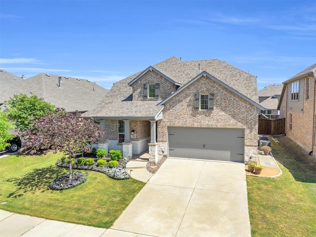 traditional-style house featuring driveway, a shingled roof, a front yard, a garage, and brick siding