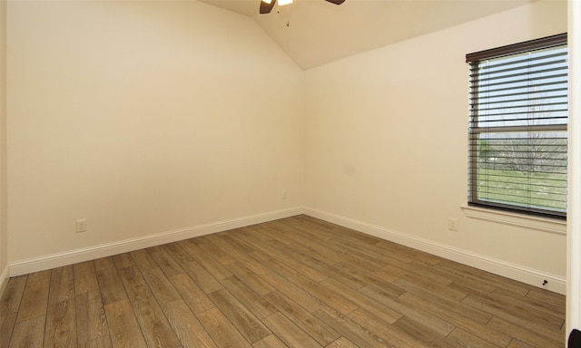 217 Timber Valley Ct, Weatherford, TX 76085 - empty room featuring a ceiling fan, wood finished floors, baseboards, and vaulted ceiling