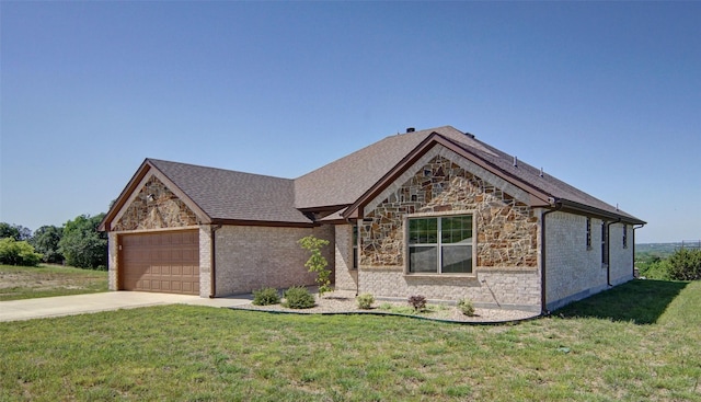 217 Timber Valley Ct, Weatherford, TX 76085 - view of front of house with an attached garage, driveway, stone siding, and a front yard