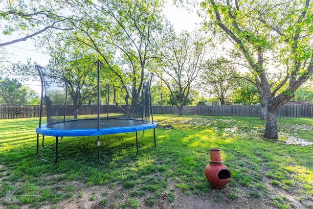 view of yard featuring a fenced backyard and a trampoline