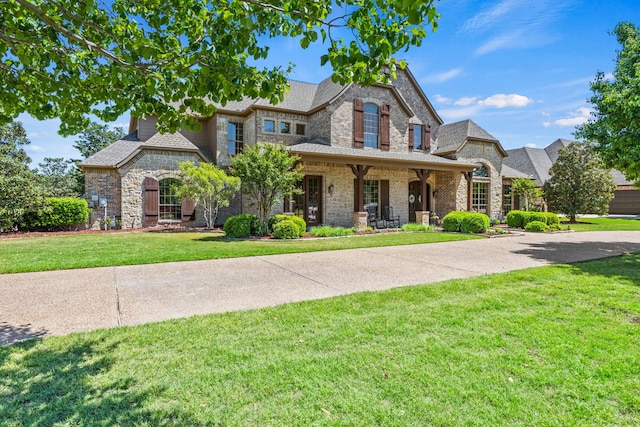 craftsman-style house with stone siding, covered porch, and a front yard