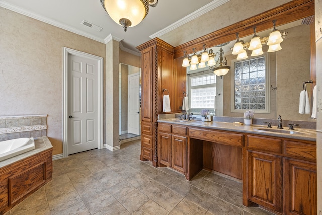 bathroom with double vanity, visible vents, ornamental molding, and a sink