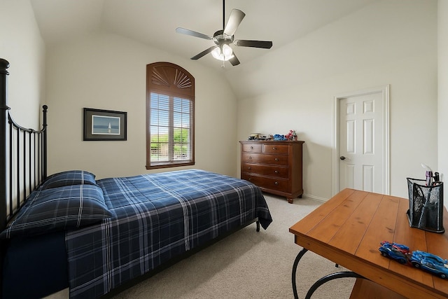 bedroom with baseboards, vaulted ceiling, a ceiling fan, and light colored carpet