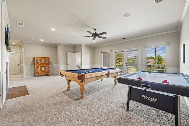 playroom with recessed lighting, visible vents, a wainscoted wall, and billiards