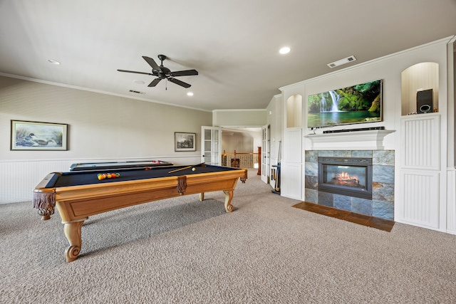 playroom featuring carpet floors, visible vents, pool table, and ornamental molding