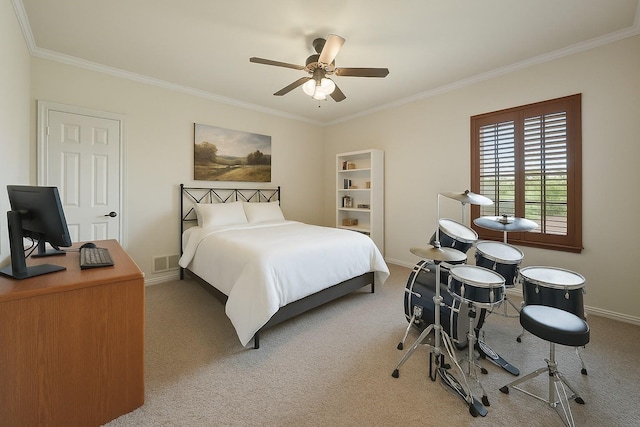 bedroom featuring light carpet, visible vents, and ornamental molding