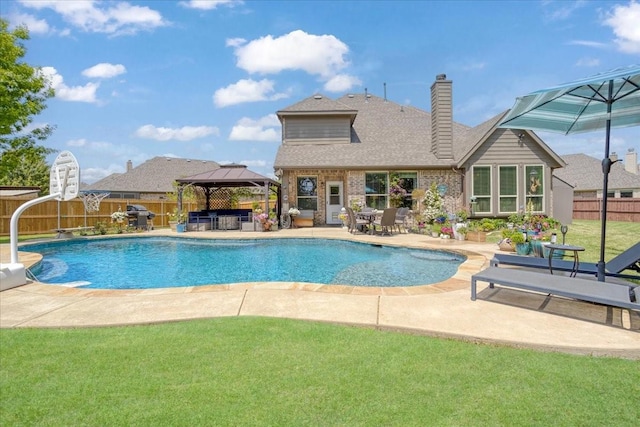 view of swimming pool featuring a fenced in pool, a fenced backyard, a grill, a gazebo, and a patio