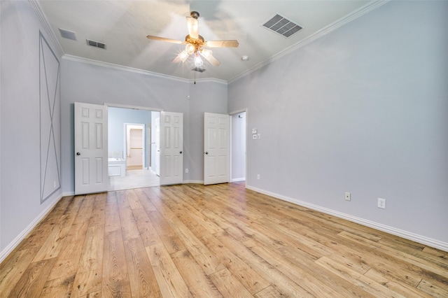 103 Lakehill Ct, Hickory Creek, TX 75065 - unfurnished bedroom with light wood finished floors, crown molding, baseboards, ensuite bathroom, and a ceiling fan