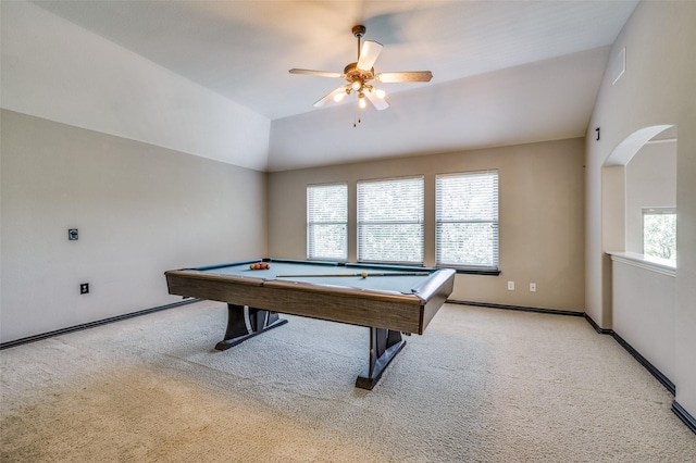103 Lakehill Ct, Hickory Creek, TX 75065 - game room with light carpet, healthy amount of natural light, billiards, ceiling fan, and vaulted ceiling