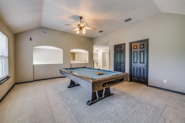 103 Lakehill Ct, Hickory Creek, TX 75065 - rec room with lofted ceiling, carpet flooring, billiards table, and a ceiling fan