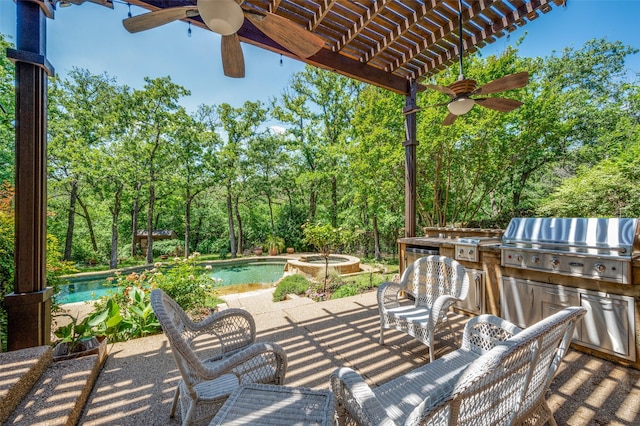 103 Lakehill Ct, Hickory Creek, TX 75065 - view of patio with ceiling fan, exterior kitchen, grilling area, an in-ground hot tub, and an outdoor pool