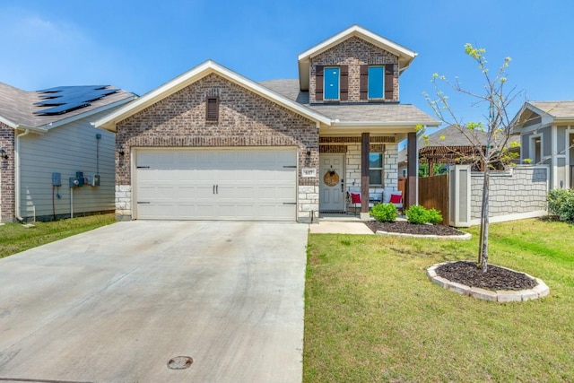 view of front of home featuring a front lawn, driveway, fence, a garage, and brick siding