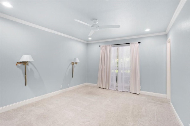 empty room with baseboards, recessed lighting, a ceiling fan, carpet floors, and ornamental molding