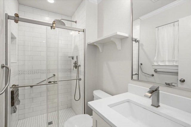 bathroom featuring a shower stall, crown molding, vanity, toilet, and recessed lighting