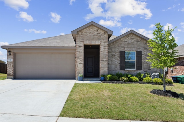 5924 Harvey Gap Ln, Denton, TX 76226 - view of front of property featuring a garage, a front lawn, concrete driveway, and brick siding