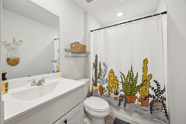 5924 Harvey Gap Ln, Denton, TX 76226 - bathroom with vanity, toilet, tile patterned floors, and shower / bath combination with curtain