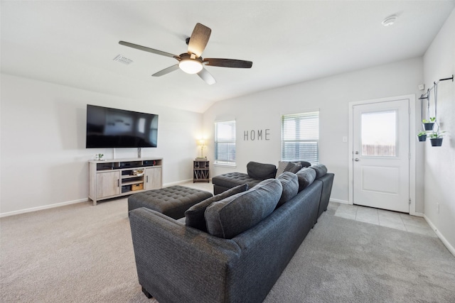 5924 Harvey Gap Ln, Denton, TX 76226 - living room featuring light carpet, a ceiling fan, baseboards, and lofted ceiling