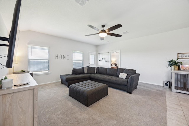 5924 Harvey Gap Ln, Denton, TX 76226 - carpeted living room with baseboards, a ceiling fan, and tile patterned flooring