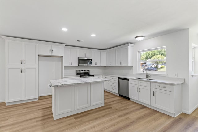 7009 Overhill Rd, Fort Worth, TX 76116 - kitchen featuring white cabinets, visible vents, appliances with stainless steel finishes, and a sink