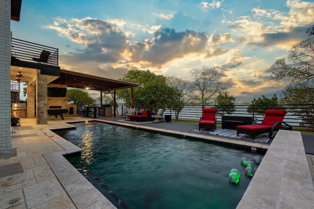view of pool with a fenced in pool, a patio, and fence