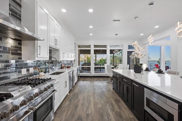 kitchen with a sink, plenty of natural light, stainless steel appliances, white cabinets, and wall chimney exhaust hood