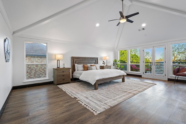 bedroom featuring dark wood-style flooring, beam ceiling, access to outside, high vaulted ceiling, and ceiling fan