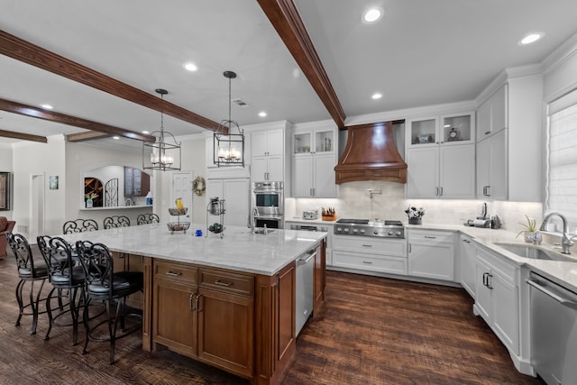 2020 Crown Knoll Ln, Plano, TX 75093 - kitchen with a sink, premium range hood, appliances with stainless steel finishes, beam ceiling, and backsplash