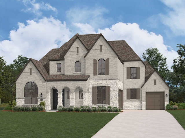 view of front of home with concrete driveway, a front lawn, brick siding, and stone siding