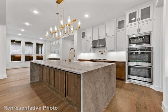 kitchen featuring recessed lighting, under cabinet range hood, wood finished floors, a center island with sink, and appliances with stainless steel finishes
