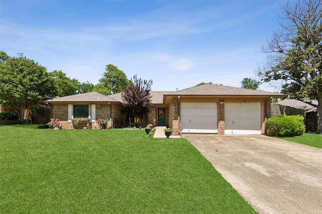 ranch-style house with a garage, brick siding, a front lawn, and concrete driveway