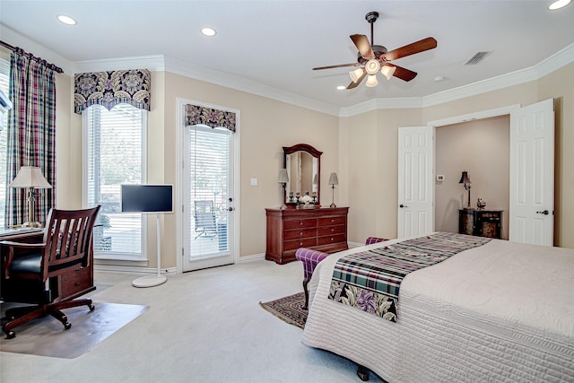 carpeted bedroom with crown molding, access to exterior, visible vents, and recessed lighting