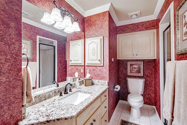 full bath featuring visible vents, tile patterned flooring, vanity, and ornamental molding