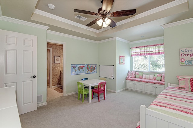 bedroom featuring visible vents, ornamental molding, baseboards, and light carpet