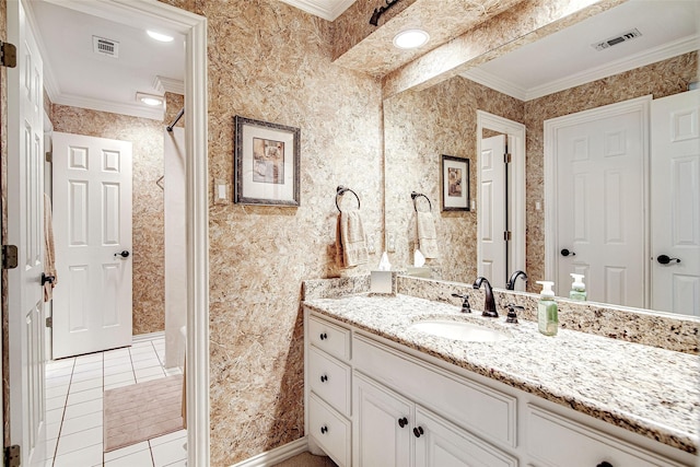 full bathroom featuring crown molding, visible vents, tile patterned floors, and vanity