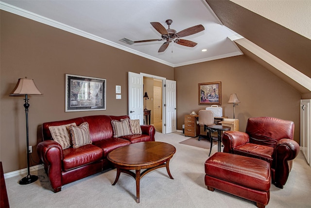 living room with light carpet, visible vents, baseboards, a ceiling fan, and crown molding